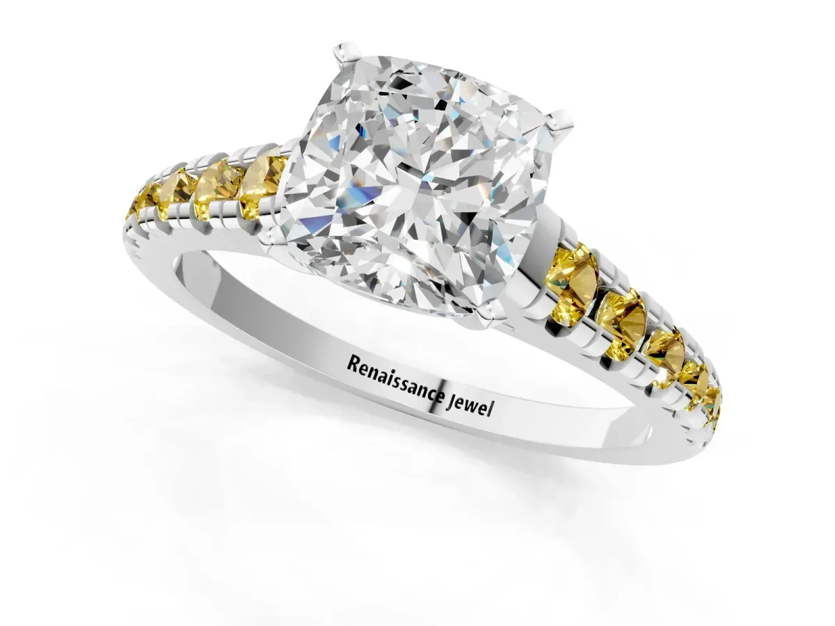 Cushion Cut Diamond Cathedral Solitaire Ring with Round Yellow Sapphire Pavé Band Silver