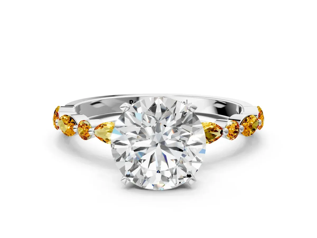 Round Cut Diamond Ring with Marquise and Round Citrine Side Stones and Four-Prong Setting Platinum