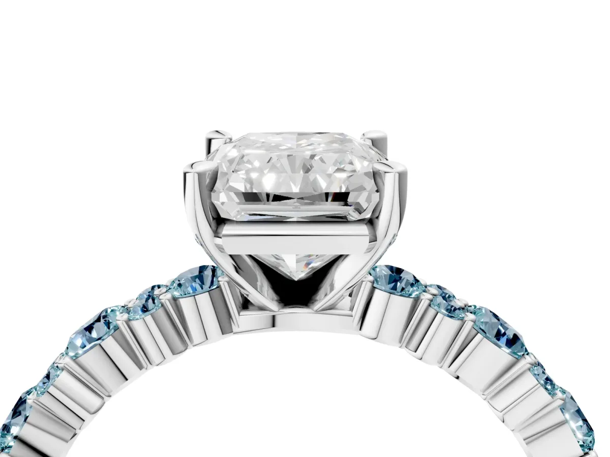 Radiant Cut Diamond Side Stone Solitaire Ring with Round Aquamarine and Four-Prong Setting Platinum