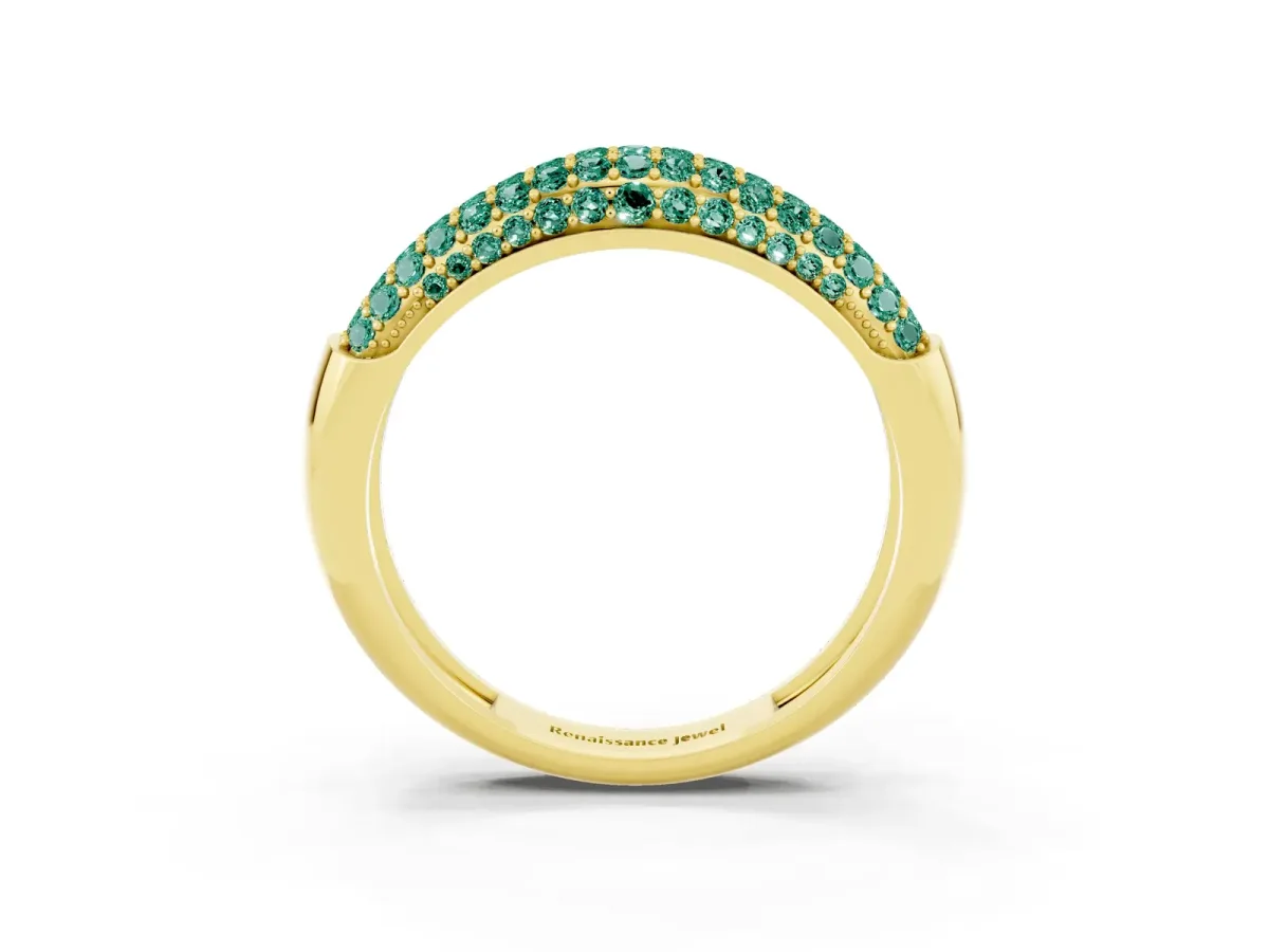 Three-Row Pavé Round Green Sapphire Dome Band Yellow gold
