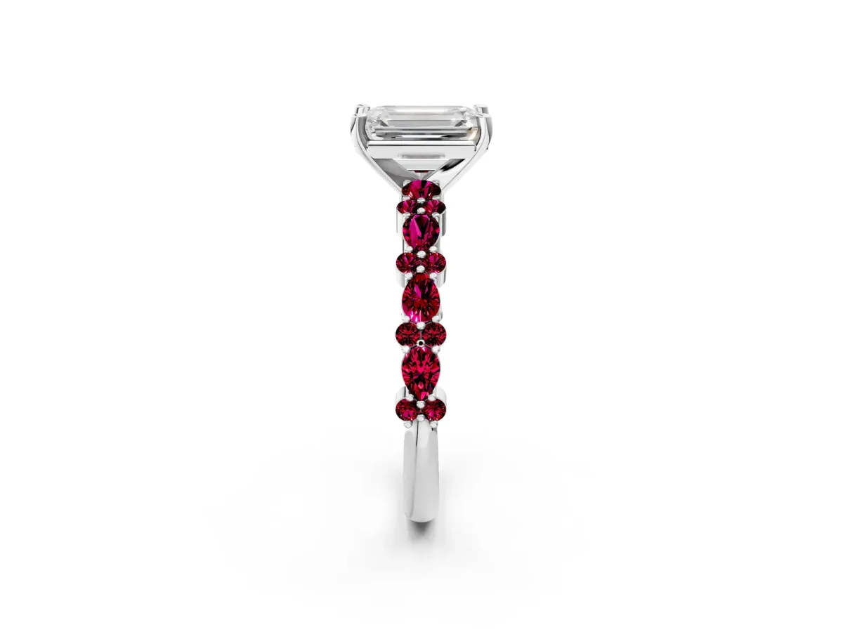 Emerald Cut Diamond Side Stone Solitaire Ring with Round Garnet and Four-Prong Setting Silver