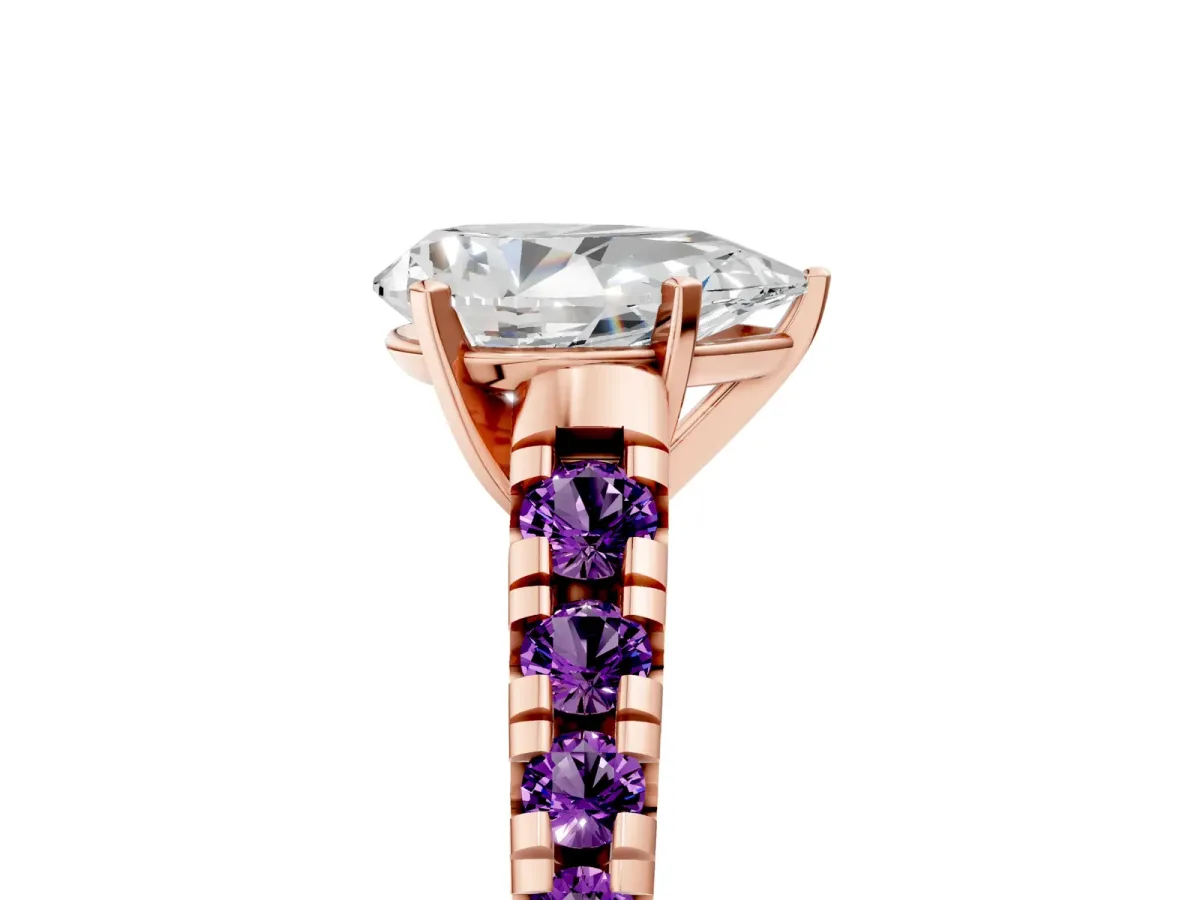Pear Cut Diamond Cathedral Solitaire Ring with Round Amethyst Pavé Band Rose gold