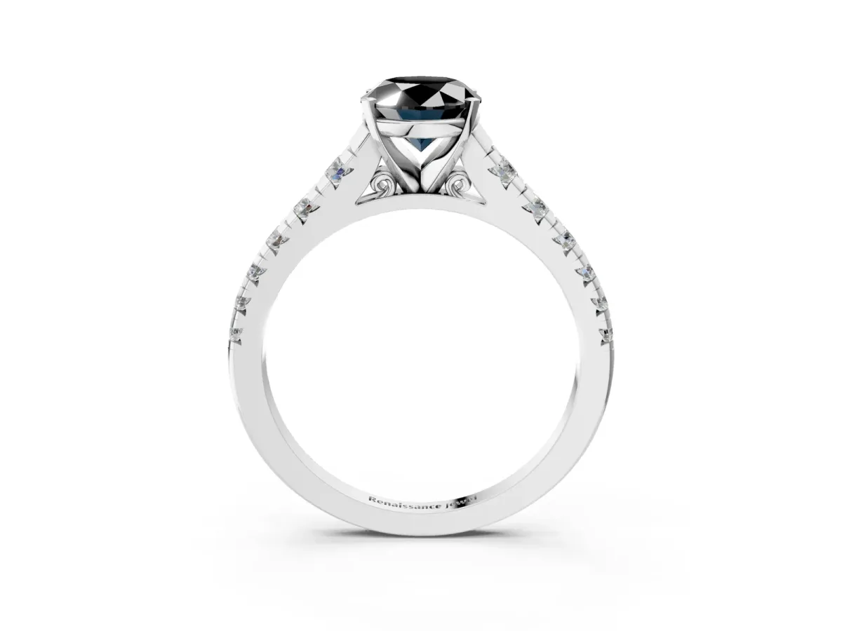 Fancy Black Oval Cut Diamond Cathedral Solitaire Ring with Round Pavé Band Platinum
