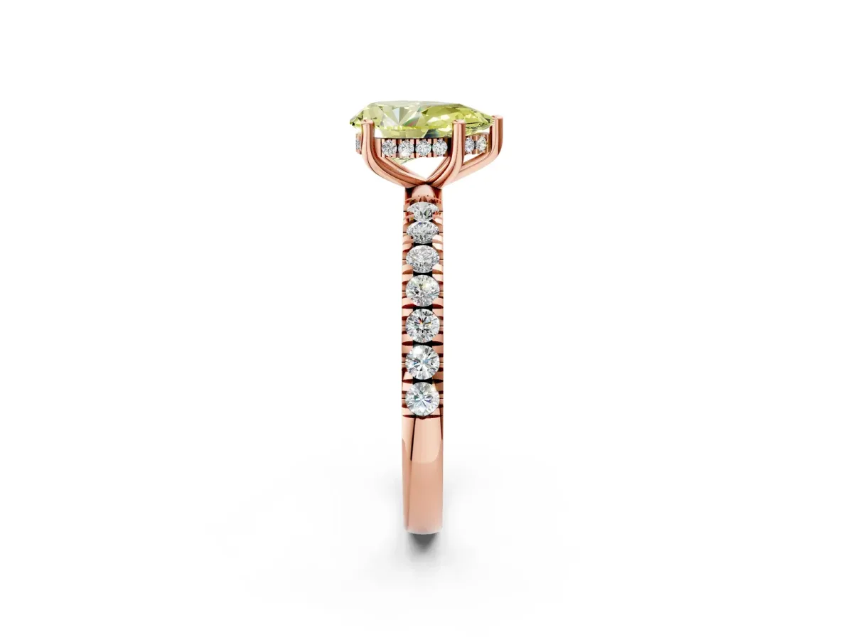 Fancy Yellow Pear Cut Diamond Pave Band Solitaire Ring with Round and Prong Setting Rose gold
