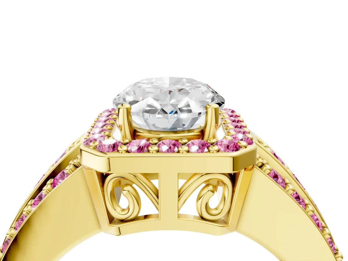 Oval Cut Halo Diamond Ring with Round Pink Sapphire Split Shank and Prong Setting Yellow gold