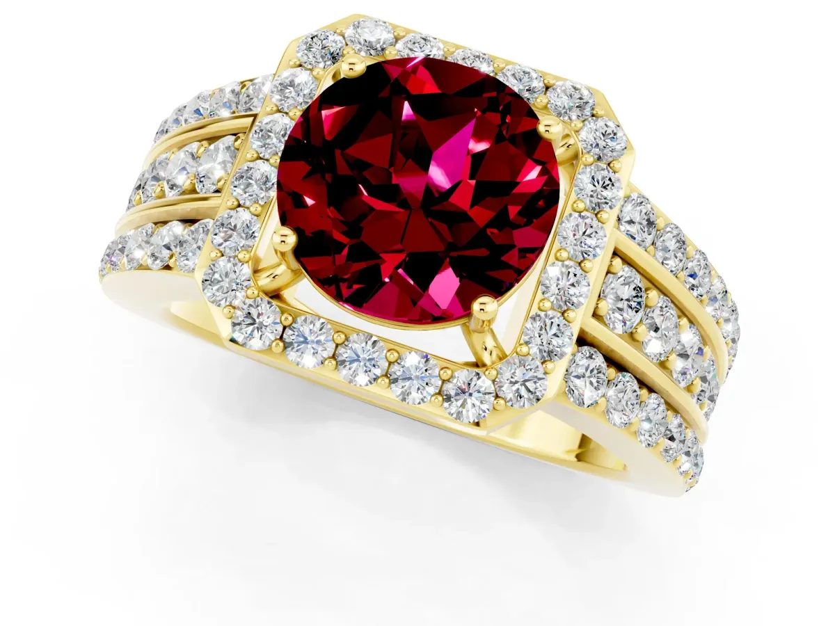 Round Cut Halo Garnet Ring with Round Split Shank and Prong Setting Yellow gold