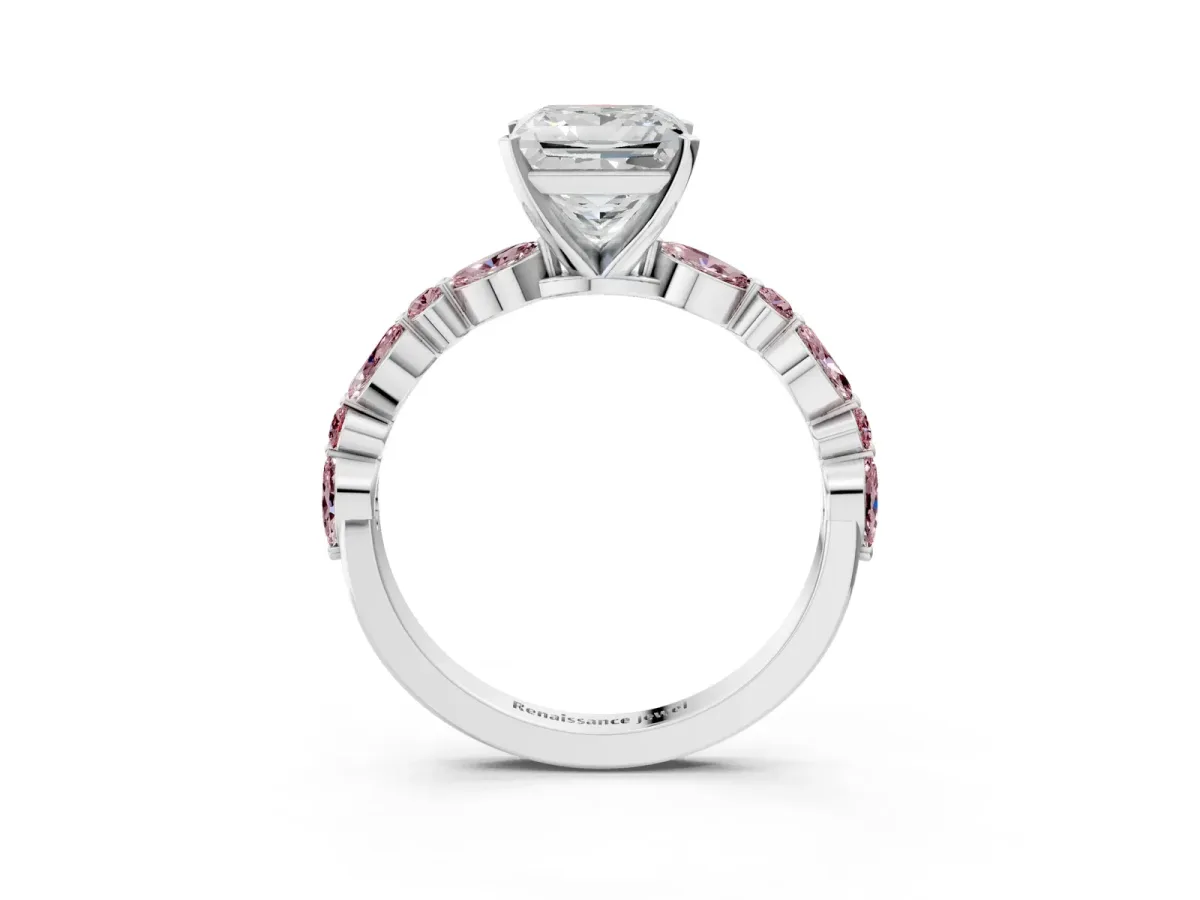 Princess Cut Diamond Ring with Marquise and Round Morganite Side Stones and Four-Prong Setting Silver