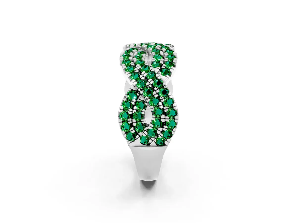 Pavé Round Emerald Infinity Twist Band with Shared Prong Setting White gold