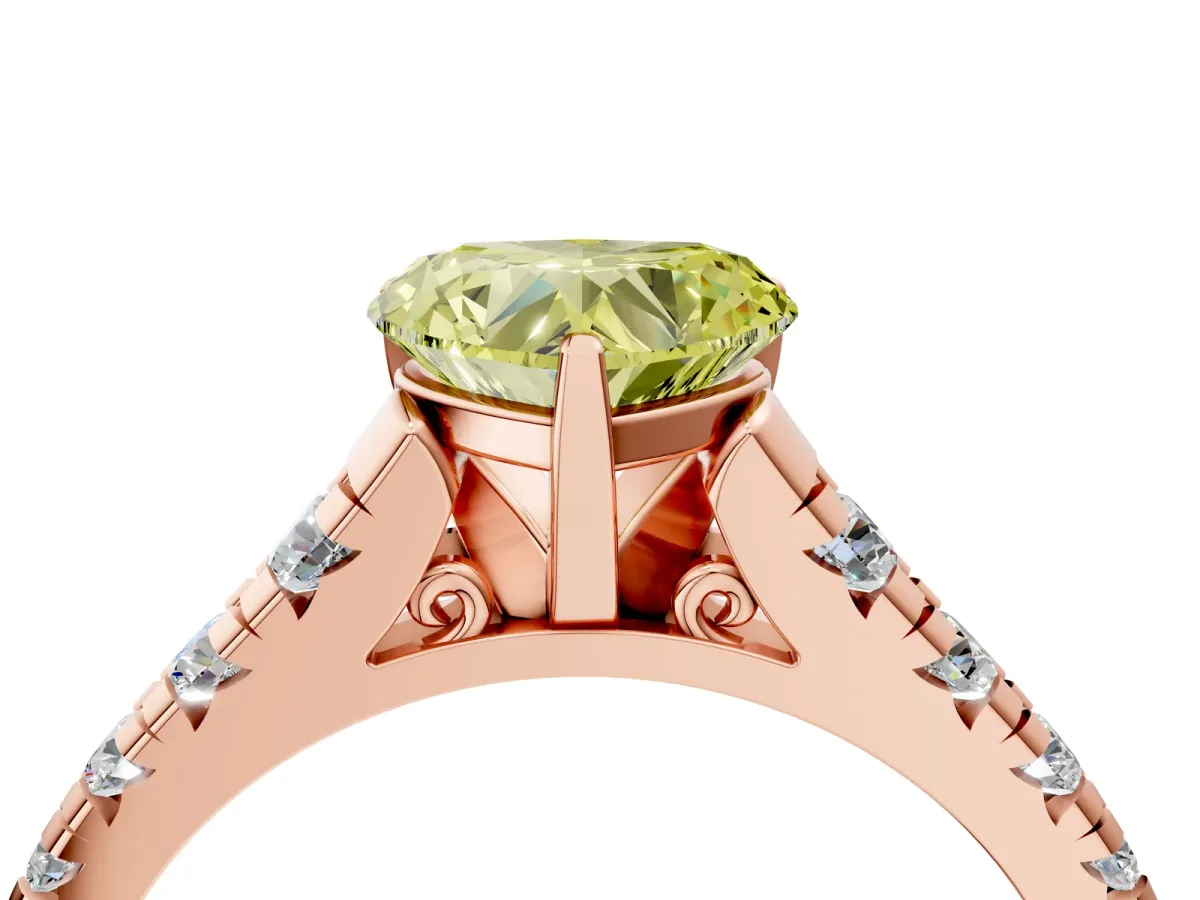Fancy Yellow Heart Cut Diamond Cathedral Solitaire Ring with Round Pavé Band Rose gold