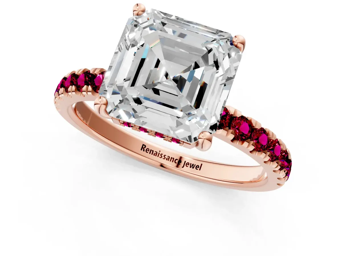 Asscher Cut Diamond Pave Band Solitaire Ring with Round Garnet and Prong Setting Rose gold
