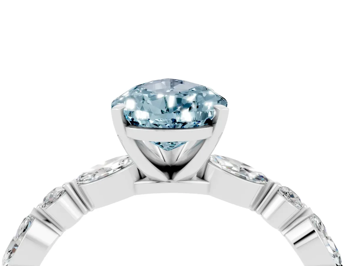 Pear Cut Aquamarine Ring with Marquise and Round Side Stones and Four-Prong Setting Silver