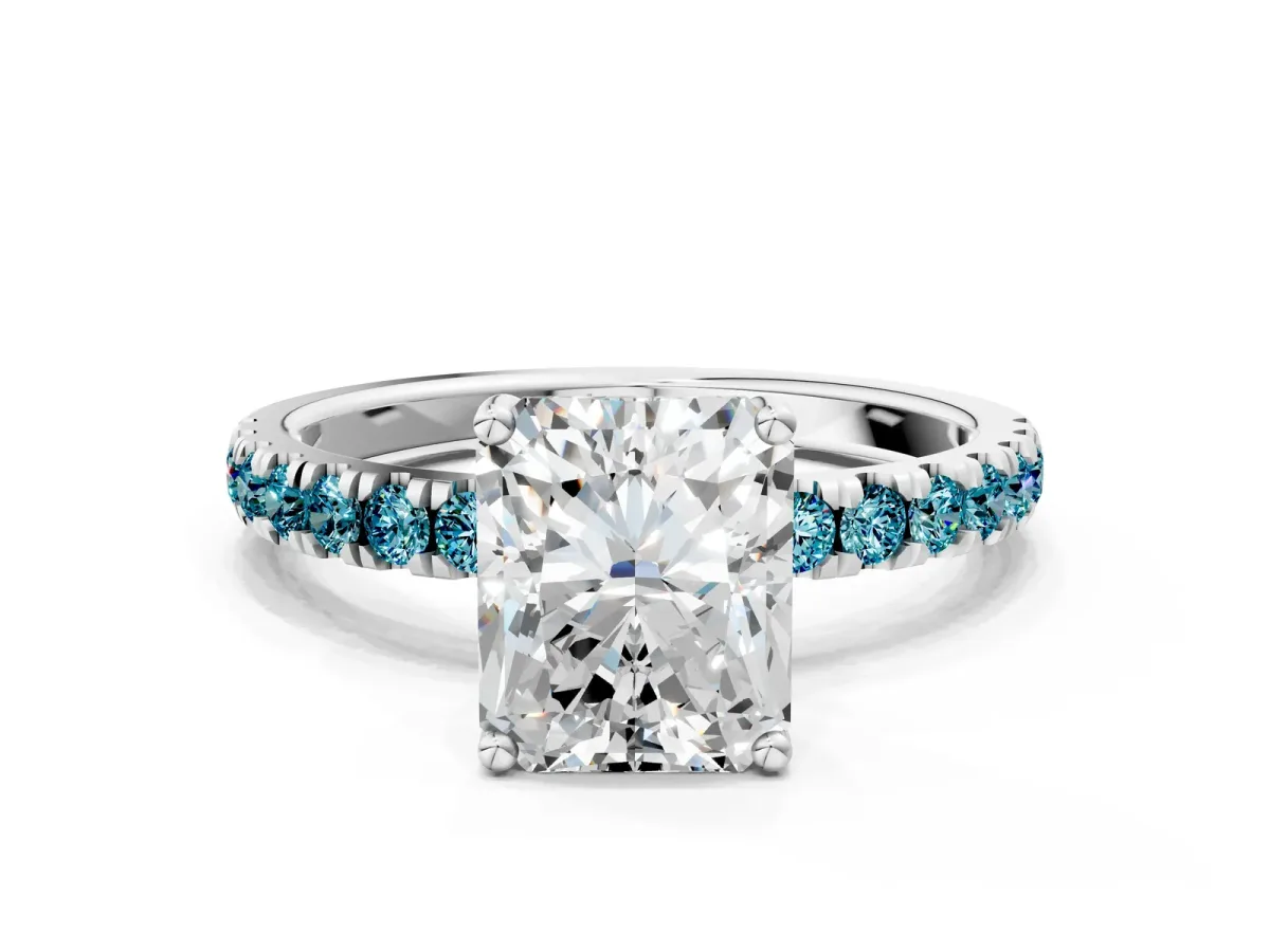 Radiant Cut Diamond Pave Band Solitaire Ring with Round Blue Topaz and Prong Setting Platinum