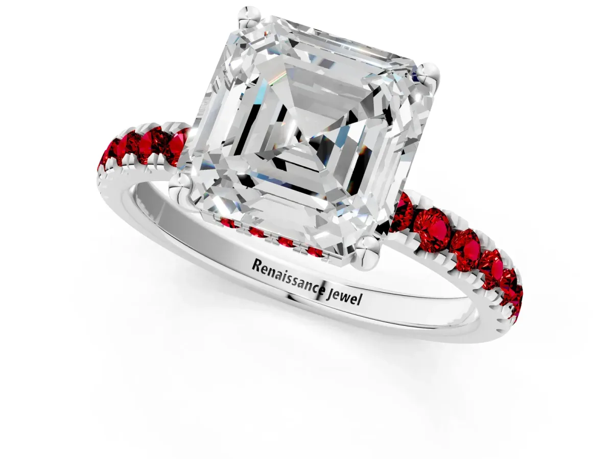 Asscher Cut Diamond Pave Band Solitaire Ring with Round Ruby and Prong Setting Platinum