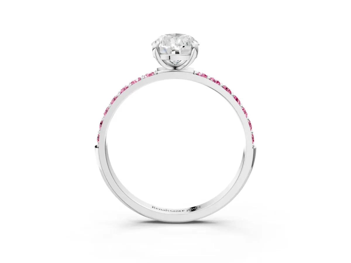 Pear Cut Diamond Solitaire Ring with Round Pink Sapphire Pavé Band and Prong Setting Platinum