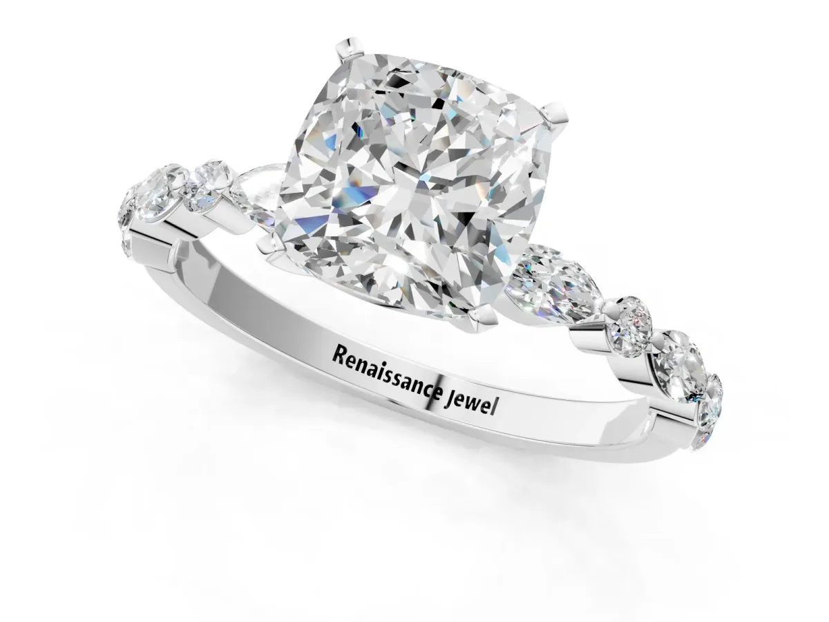 Cushion Cut Diamond Ring with Marquise and Round Moissanite Side Stones and Four-Prong Setting Silver
