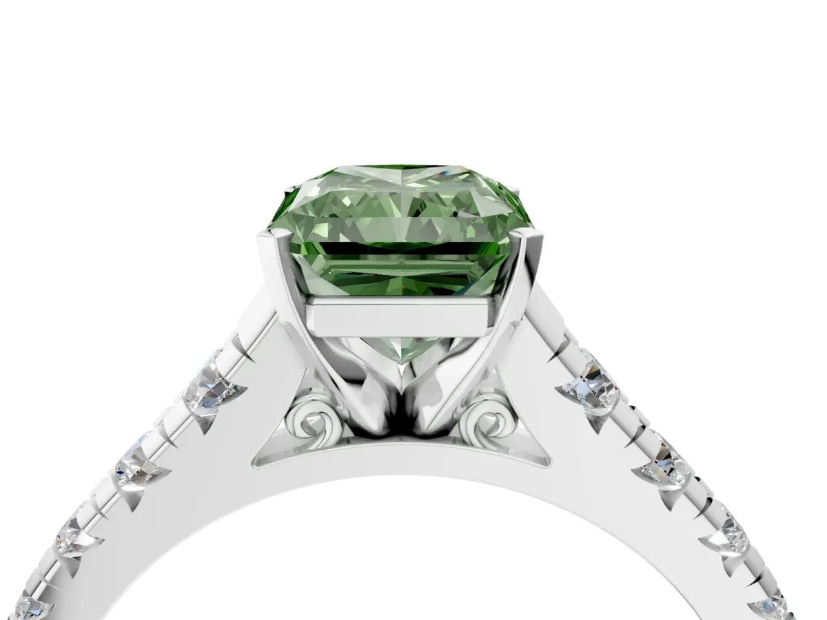Fancy Green Radiant Cut Diamond Cathedral Solitaire Ring with Round Pavé Band Platinum
