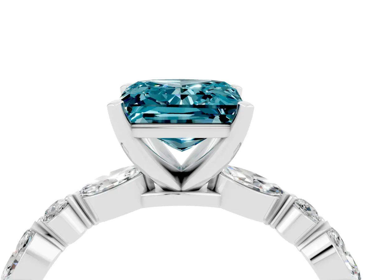 Princess Cut Blue Topaz Ring with Marquise and Round Side Stones and Four-Prong Setting Silver