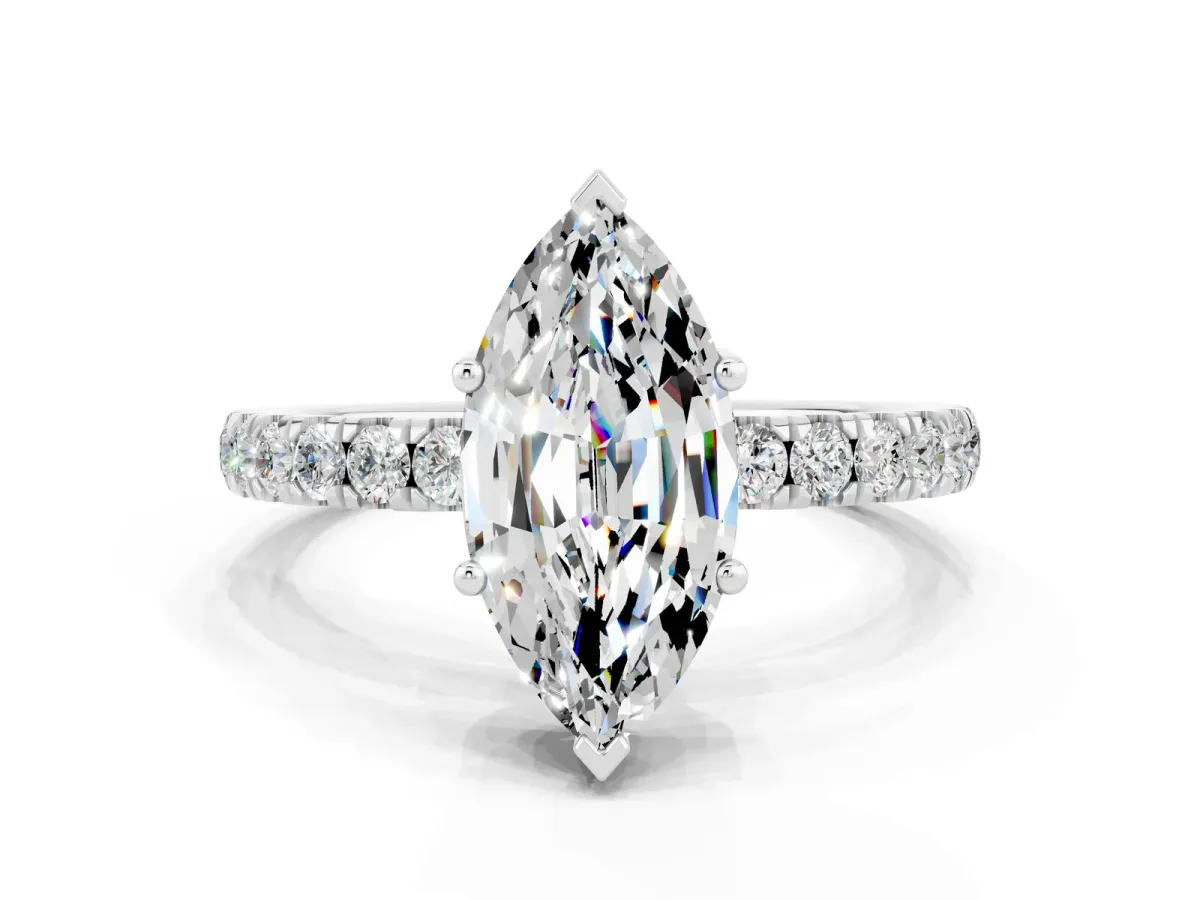 Marquise Cut Moissanite Pave Band Solitaire Ring with Round and Prong Setting Platinum