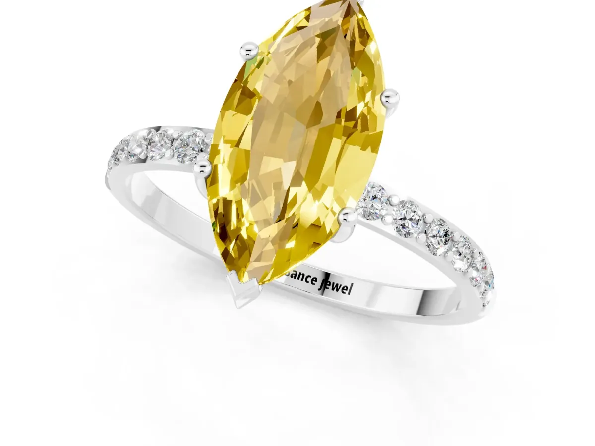 Marquise Cut Yellow Sapphire Solitaire Ring with Round Pavé Band and Prong Setting Platinum
