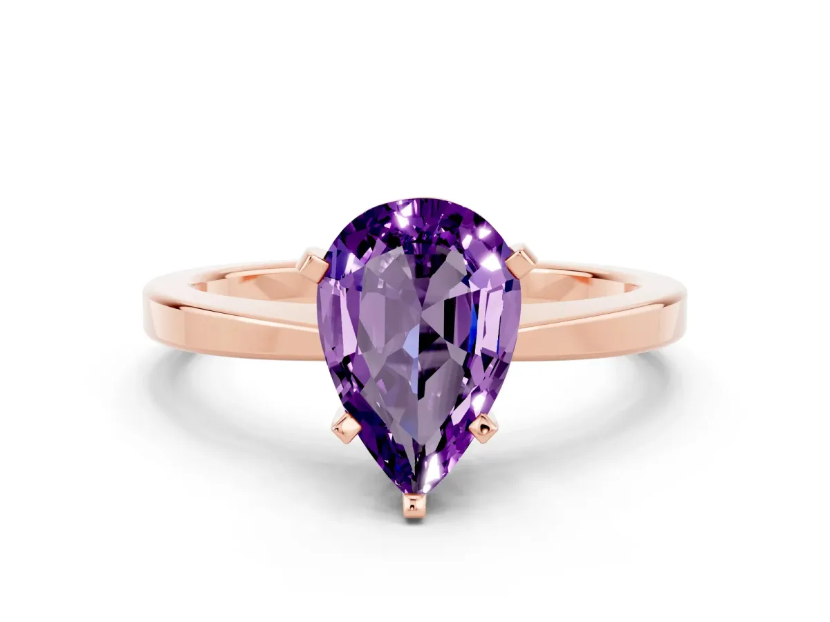 Pear Cut Amethyst Solitaire Engagement Ring with Classic Band and Four-Prong Setting Rose gold