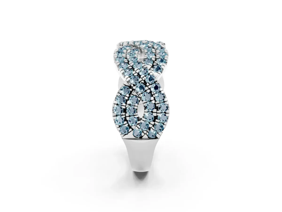 Pavé Round Aquamarine Infinity Twist Band with Shared Prong Setting Silver