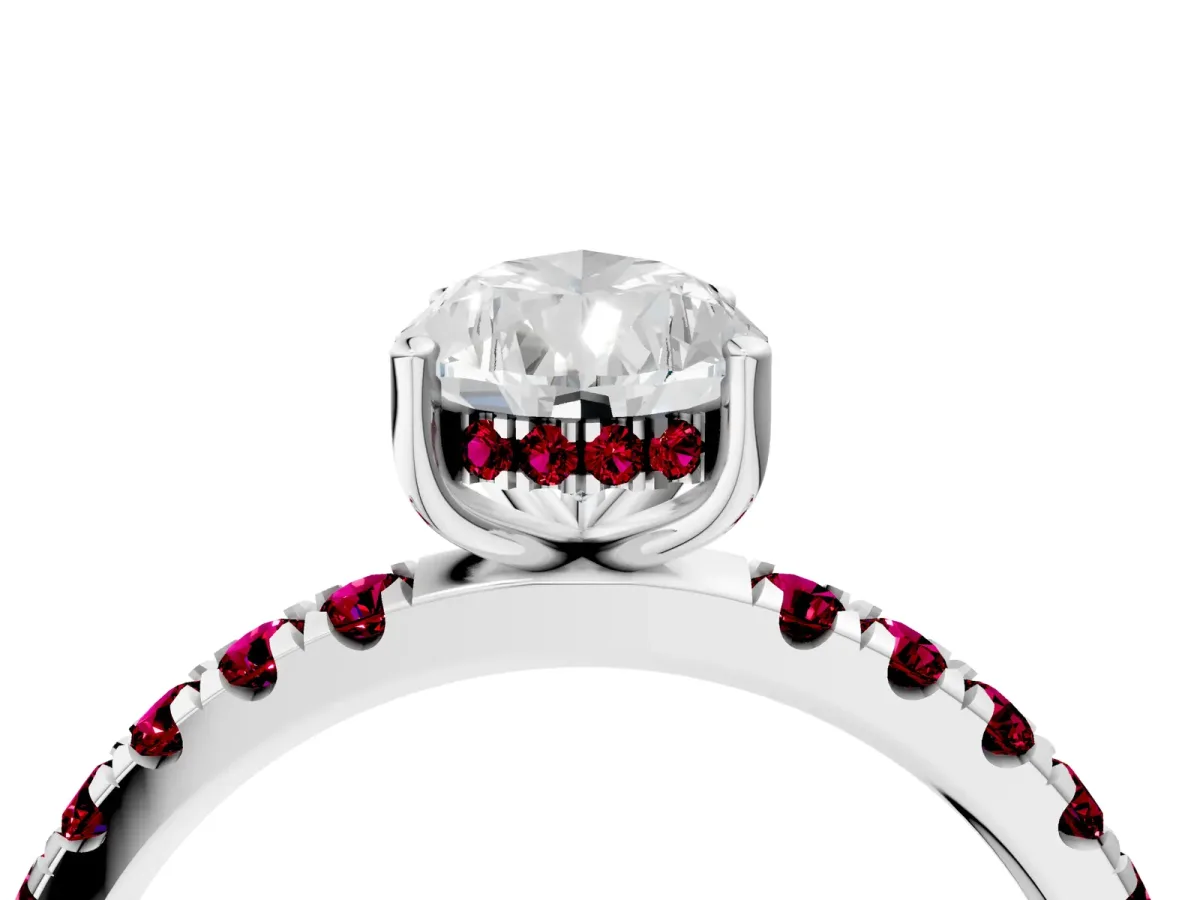 Pear Cut Diamond Pave Band Solitaire Ring with Round Garnet and Prong Setting Silver