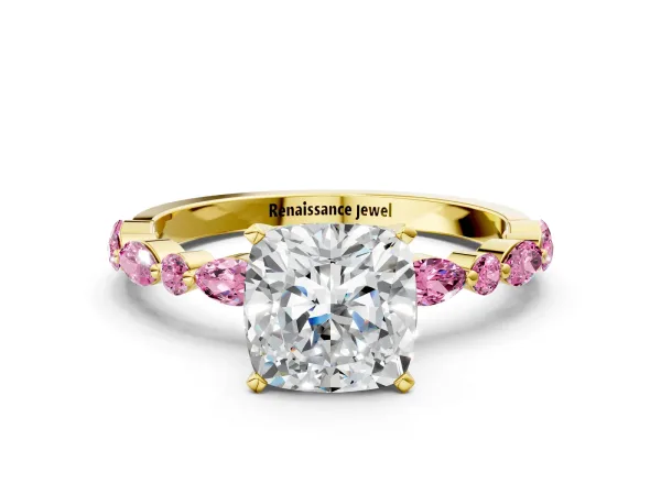 Cushion Cut Diamond Ring with Marquise and Round Pink Sapphire Side Stones and Four-Prong Setting Yellow gold