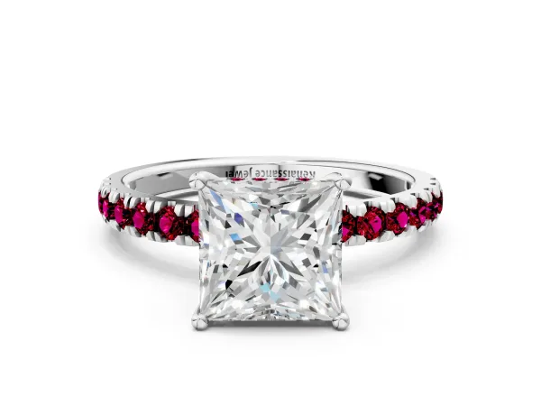 Princess Cut Diamond Pave Band Solitaire Ring with Round Garnet and Prong Setting Silver