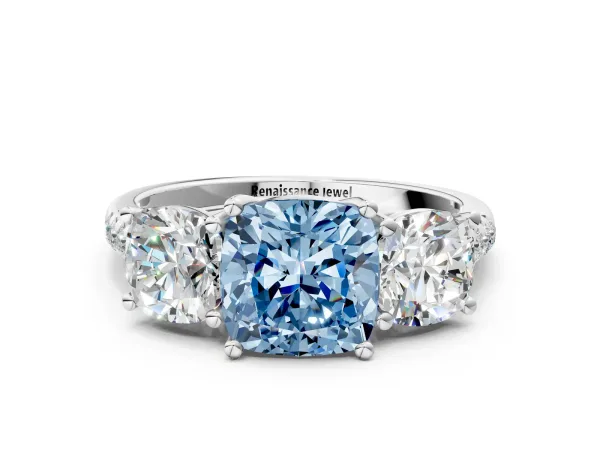 Fancy Blue Three-Stone Cushion Cut Diamond Ring with Round Pavé Band and Prong Setting White gold