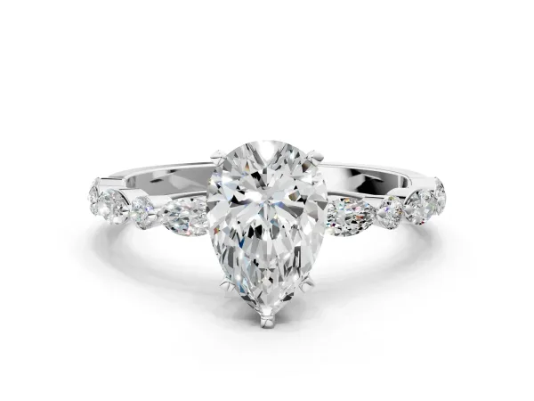 Pear Cut Diamond Ring with Marquise and Round Side Stones and Four-Prong Setting White gold