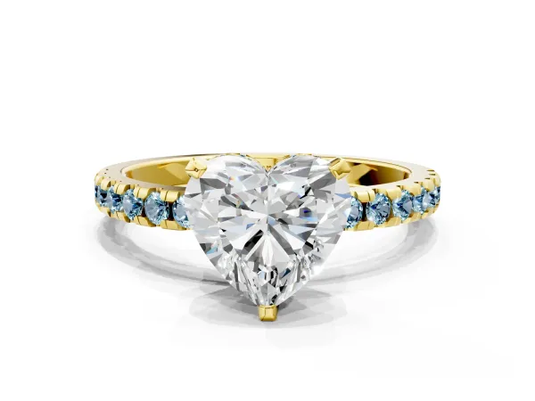 Heart Cut Diamond Solitaire Ring with Round Aquamarine Pavé Band and Four-Prong Setting Yellow gold