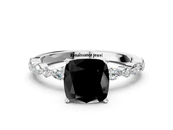 Fancy Black Cushion Cut Diamond Ring with Marquise and Round Side Stones and Four-Prong Setting Platinum
