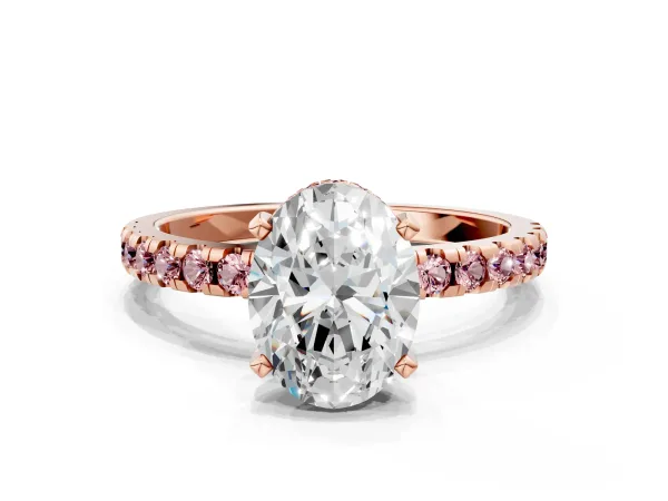 Oval Cut Diamond Solitaire Ring with Round Morganite Pavé Band and Four-Prong Setting Rose gold