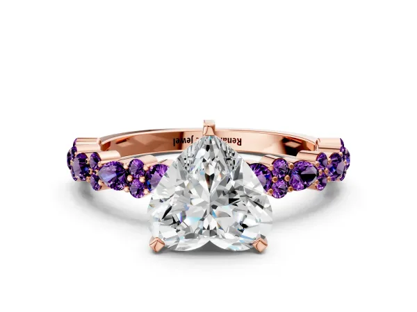 Heart Cut Diamond Side Stone Solitaire Ring with Round Amethyst and Four-Prong Setting Rose gold