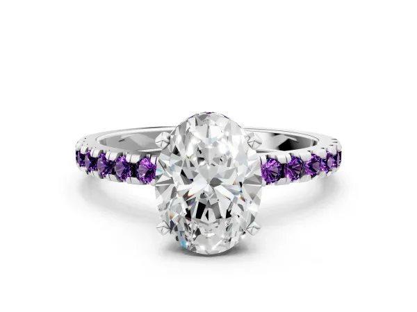 Oval Cut Diamond Solitaire Ring with Round Amethyst Pavé Band and Four-Prong Setting Silver