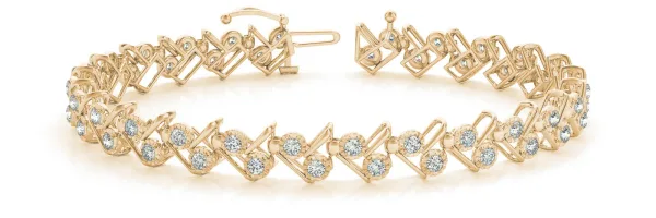 Round Diamond Tennis Bracelet with Geometric Link Band and Four-Prong Setting Yellow gold