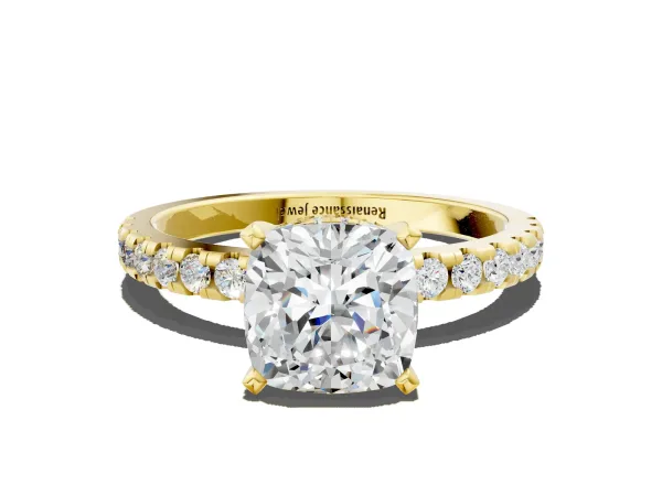 Cushion Cut Diamond Solitaire Ring with Round Moissanite Pavé Band and Four-Prong Setting Yellow gold