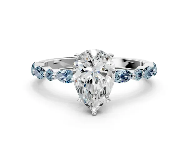 Pear Cut Diamond Ring with Marquise and Round Aquamarine Side Stones and Four-Prong Setting White gold