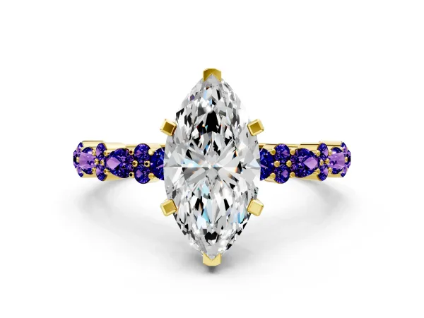 Marquise Cut Diamond Side Stone Solitaire Ring with Round Tanzanite and Four-Prong Setting Yellow gold