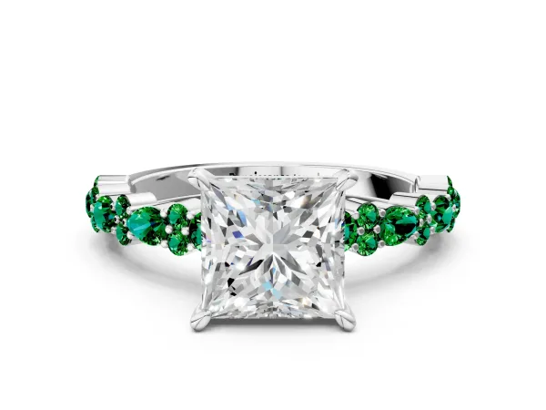 Princess Cut Diamond Side Stone Solitaire Ring with Round Emerald and Four-Prong Setting Platinum