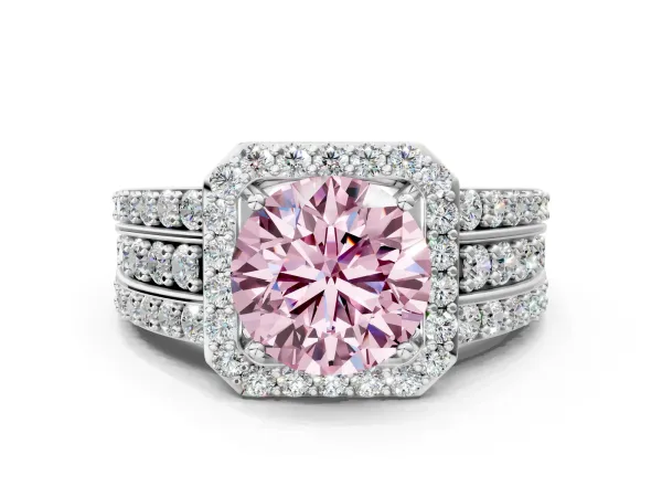 Fancy Pink Round Cut Halo Diamond Ring with Round Split Shank and Prong Setting White gold