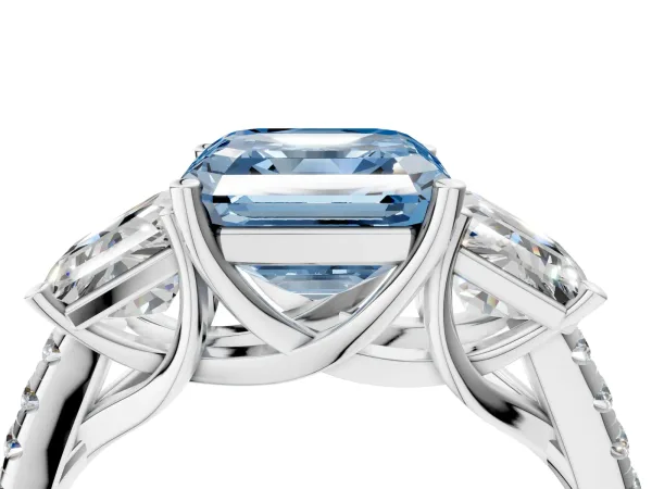 Fancy Blue Three-Stone Asscher Cut Diamond Ring with Round Pavé Band and Prong Setting Silver