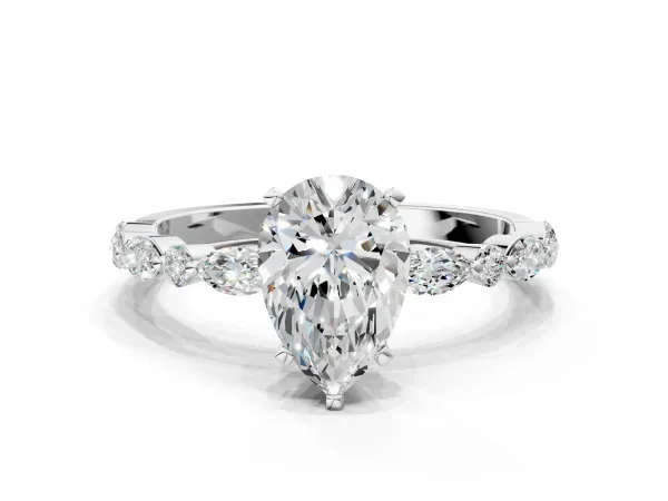 Pear Cut Diamond Ring with Marquise and Round Moissanite Side Stones and Four-Prong Setting White gold