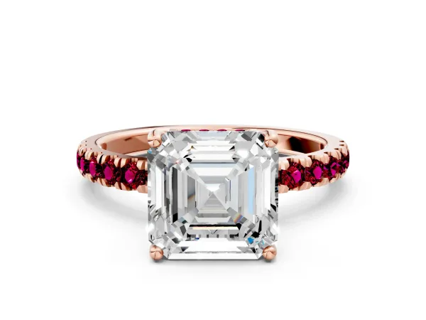 Asscher Cut Diamond Pave Band Solitaire Ring with Round Garnet and Prong Setting Rose gold