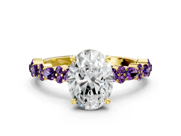 Oval Cut Diamond Side Stone Solitaire Ring with Round Amethyst and Four-Prong Setting Yellow gold