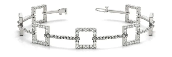 Square Diamond Pavé Link Bracelet with Beaded Band and Four-Prong Setting White gold