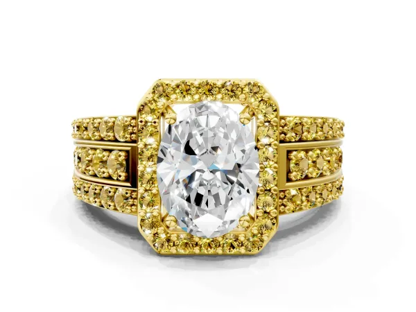 Oval Cut Halo Diamond Ring with Round Yellow Sapphire Split Shank and Prong Setting Yellow gold
