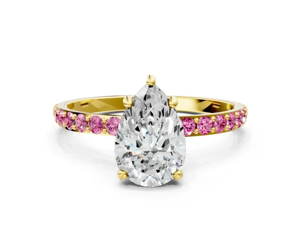 Pear Cut Diamond Solitaire Ring with Round Pink Sapphire Pavé Band and Prong Setting Yellow gold