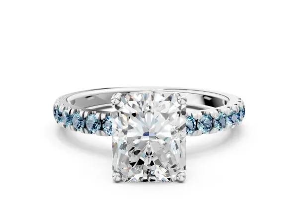 Radiant Cut Diamond Pave Band Solitaire Ring with Round Aquamarine and Prong Setting Platinum