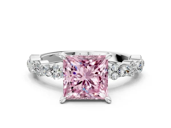 Fancy Pink Princess Cut Diamond Side Stone Solitaire Ring with Round and Four-Prong Setting Platinum